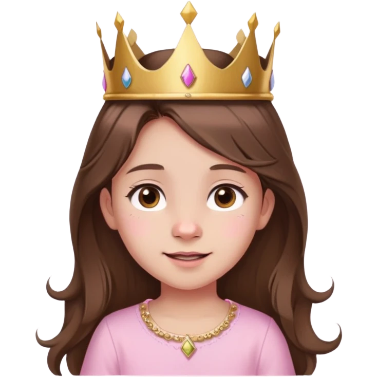 girl, long brown hair, brown eyes, baby pink shirt, gold crown, small birthmark left of nose, cheerful birthday expression emoji