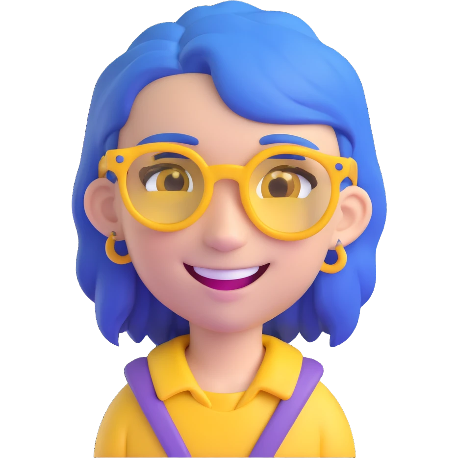Create an individual memoji of a character with purple skin, blue hair, wearing yellow glasses, smiling, in a 3D cartoon style similar to the reference image. emoji
