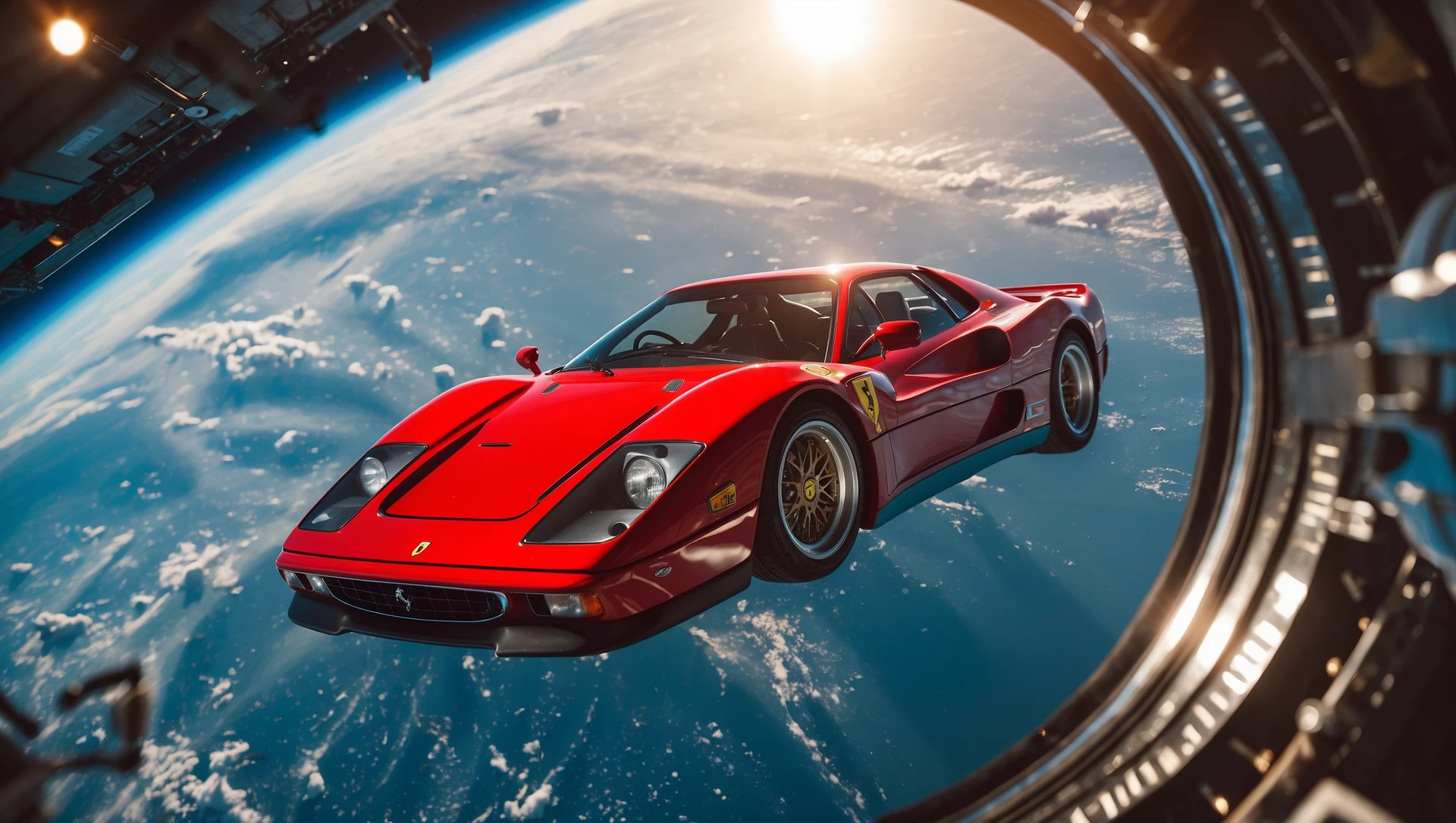 Cinematic still of a ferrari f40 floating in space, shot by space camera connect to spaceship, sun flare, big earth in background, captured by gopro emoji