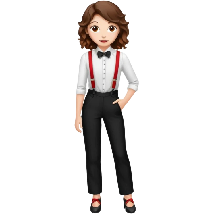 Woman with wavy brown hair and hazel eyes wearing black tuxedo pants with red suspenders emoji