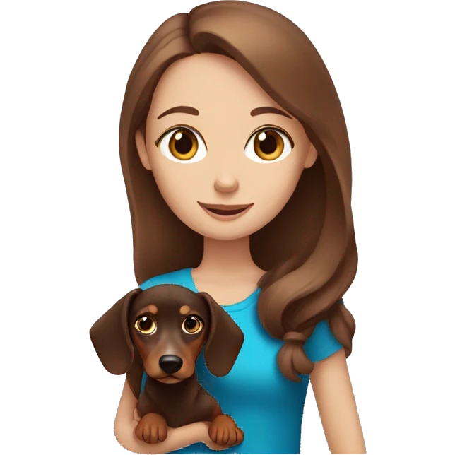 Girl with blue eyes and brown hair holding a dachshund emoji
