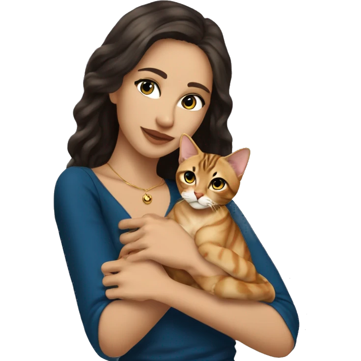 Beautiful skinny woman long dark brown hair in dark dress with gold earrings and blond blue eyes man  hair hug bengal cat emoji