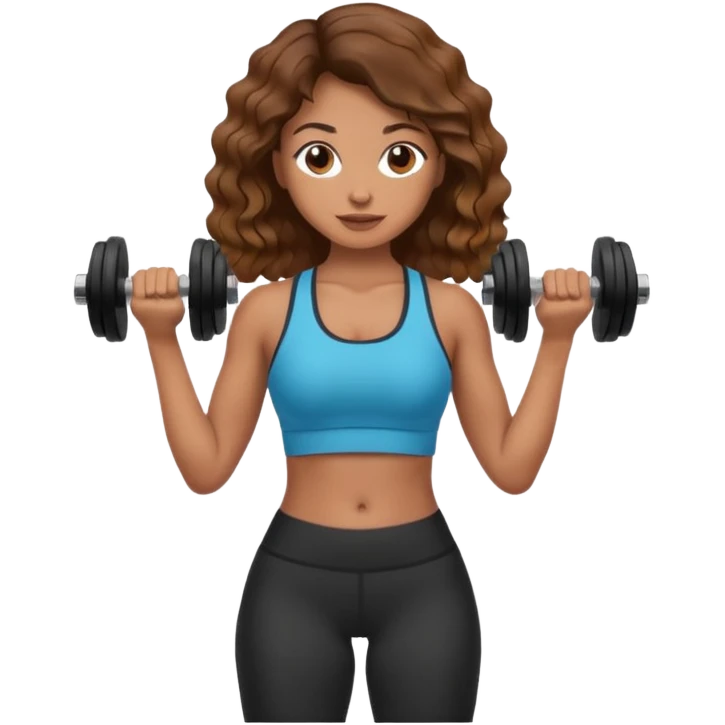 Brown wavy girl with dumbells in her hands emoji