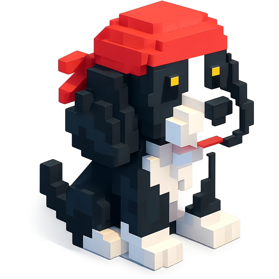 A black and white Russian Cocker Spaniel puppy wearing a durag, voxel style, sitting emoji