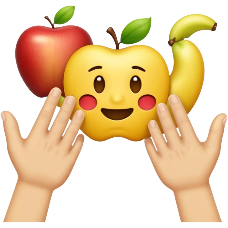 Una mano emoji amarilla al estilo de Apple iOS haciendo un gesto único: el dedo índice apuntando hacia arriba, los dedos medio y anular doblados hacia adentro, y el pulgar tocando el meñique emoji