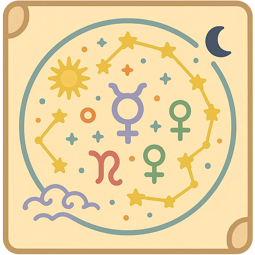 vintage astrology natal chart icon with intricate celestial symbols, mystical, ornate, zodiac constellations, in color emoji
