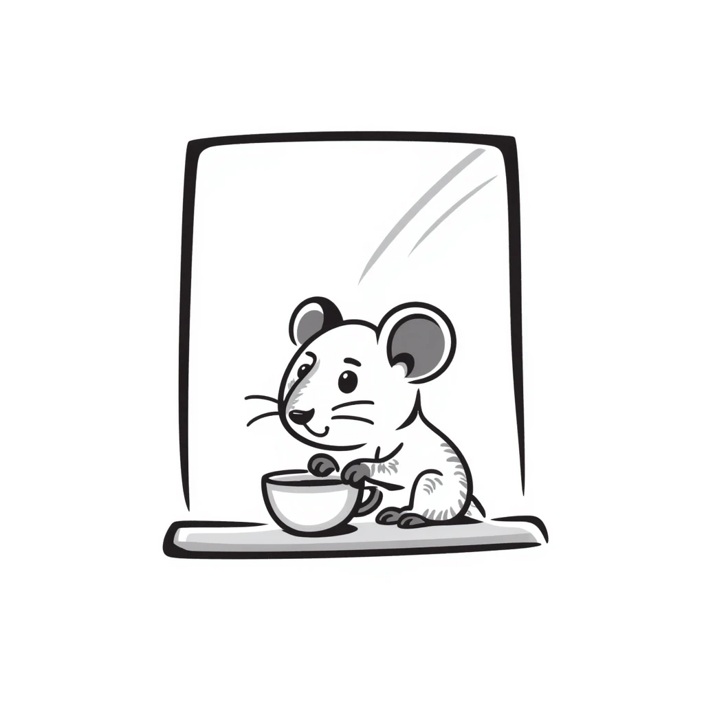 Hand-drawn mouse sitting by the window with a teacup emoji