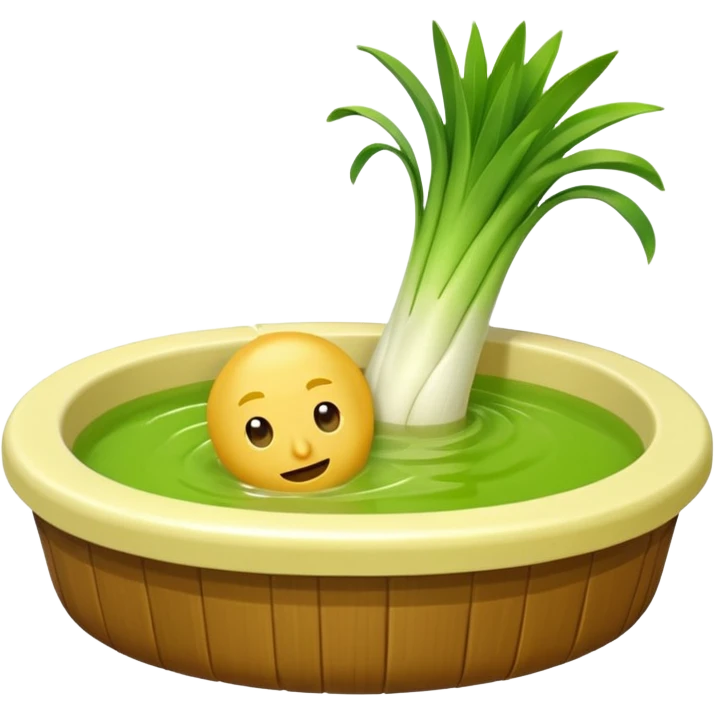 Create a 3D emoji of a relaxed leek in a jacuzzi filled with a slightly lumpy, yellowish-brown sauce emoji
