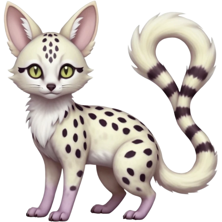 White Albino pastel whitish grey-spotted Serval-Civet-Genet-Trico-Furret-Linoone-Noibat-Espeon-Fakémon-Pokémon-animal-hybrid-fusion-creature (full body) with vibrant glowing eyes, cute, elegant, soft, realistic, pastel fur emoji