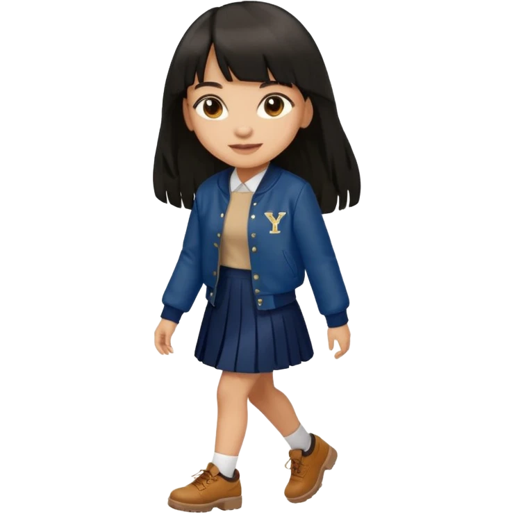 black color long hair with fringe, light skin long hair girl with brown varsity jacket and navy long skirt walking

 emoji