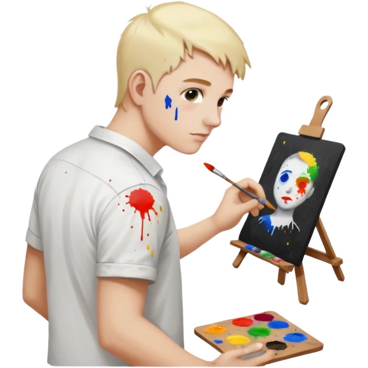 the white artist stands with his back to the painting, painting a portrait emoji