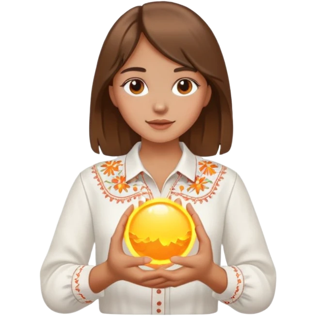 A young Ukrainian girl with brown hair wearing a white embroidered shirt holds the sun in her hands emoji