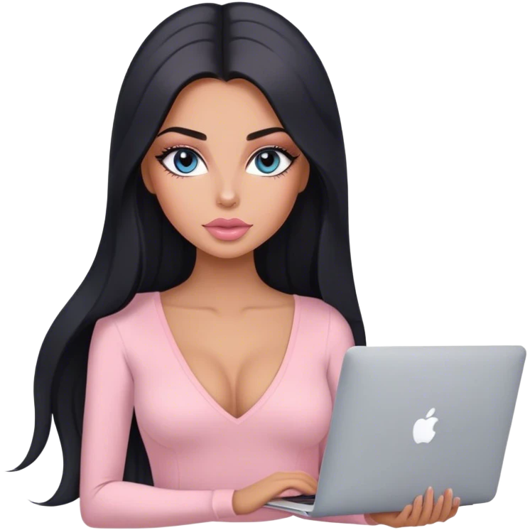 Glamours, tanned, very beautiful girl, with big pump peach-beige-rose lips, long lashes, black straight smooth silky long hair, straight parting hair, blue-grey eyes, in light-pink v-neck bodysuit holding MacBook emoji
