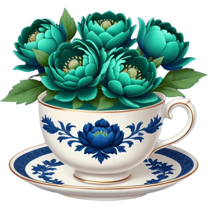 A charming composition of a vintage teacup with an intricate emerald green design, placed beside a bouquet of navy blue peonies. emoji