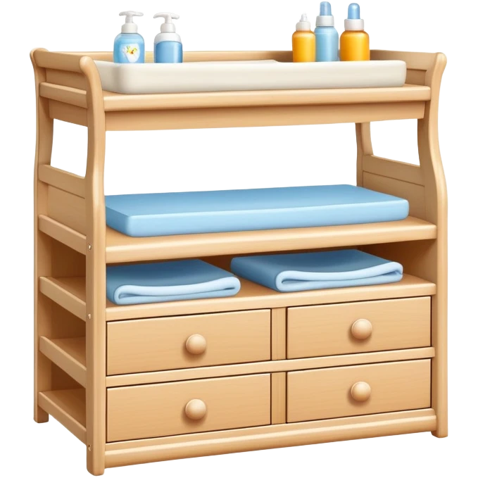 baby changing table set with drawers, shelves, changing pad, and baby care accessories emoji