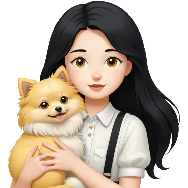 A girl with fair skin, long black hair, white suspenders, hugging a yellow long-haired Pomeranian emoji