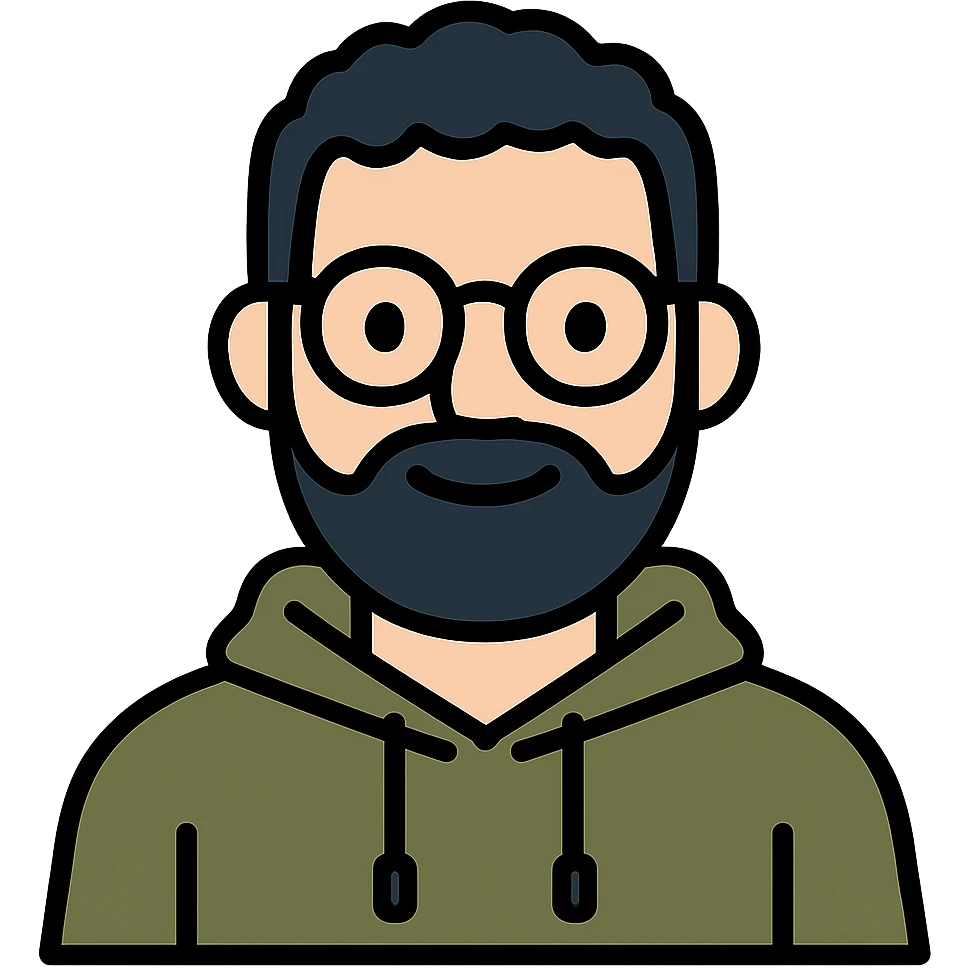 Make the icon look like the person in the reference photo: round glasses, short curly dark hair, full dark beard, olive hoodie, friendly expression in color outline icon style. Keep transparent background. emoji