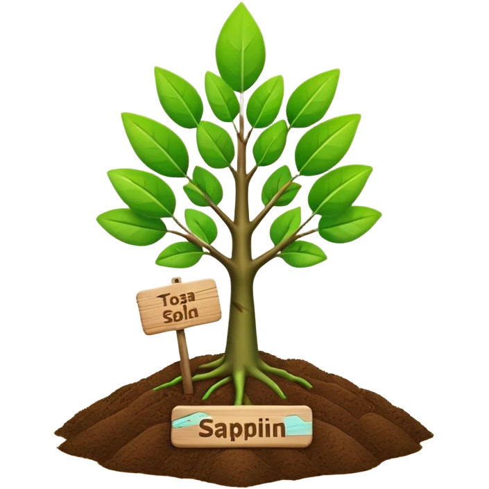 shiny green tree sapling with wooden name tag on soft soil, apple 3d emoji style emoji