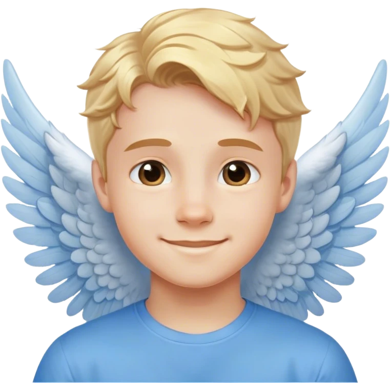 smiling boy in blue shirt with angel wings emoji