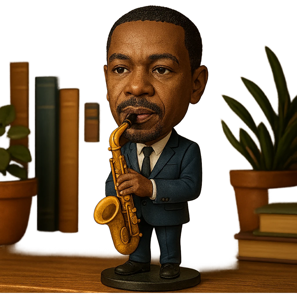 illustration of a jazz musician with a saxophone in bobblehead style emoji