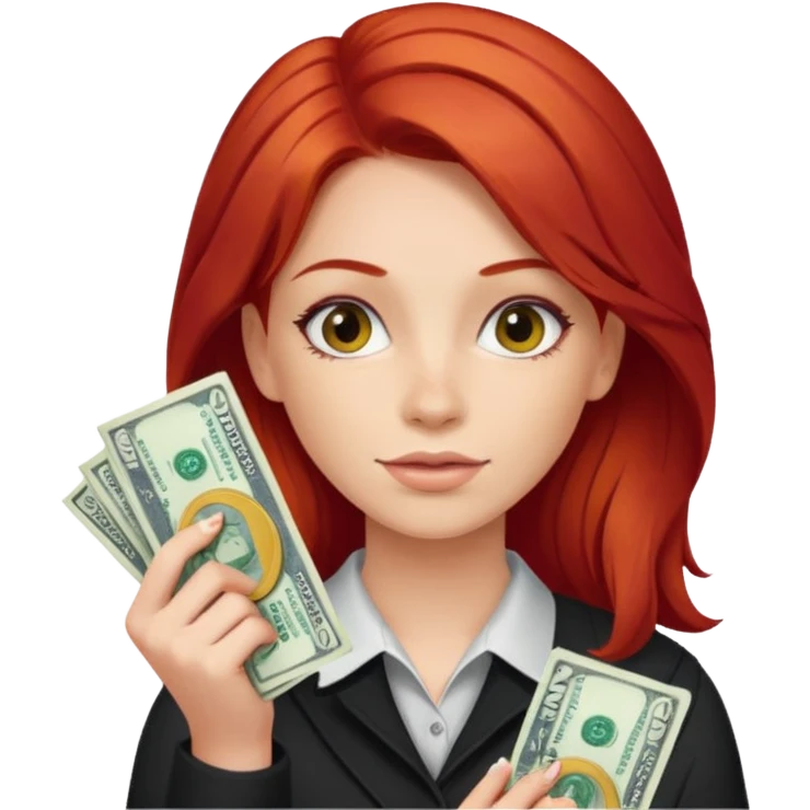 a girl with red hair holding two dollars emoji