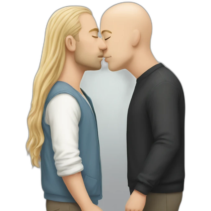 white tall bald guy kissing guy with long hair emoji