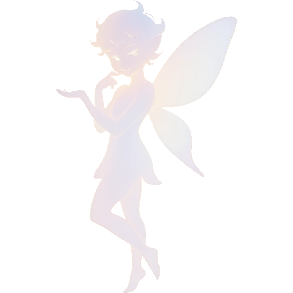 delicate figure with a soft glow, playful mischief in the eyes, and an enchanting aura, in a minimalist silhouette with pastel colors emoji