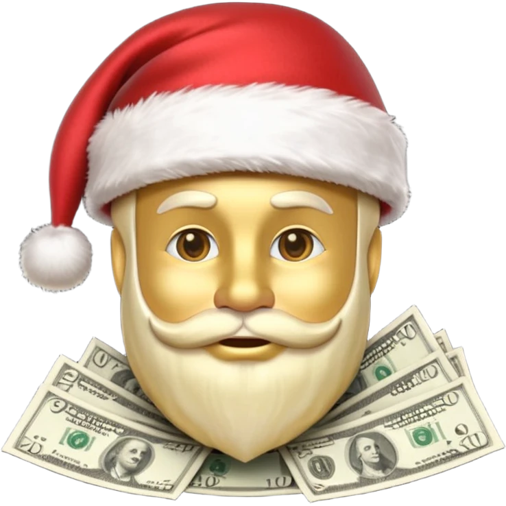 A confident rich emoji face wearing a Santa hat, money stacks, casino vibe, New Year theme, premium 3D emoji style, sharp details, no text, isolated on transparent background emoji