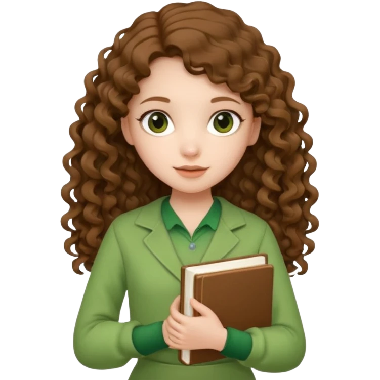 A girl with long brown curls and a green outfit holding a stacking book in her hand emoji