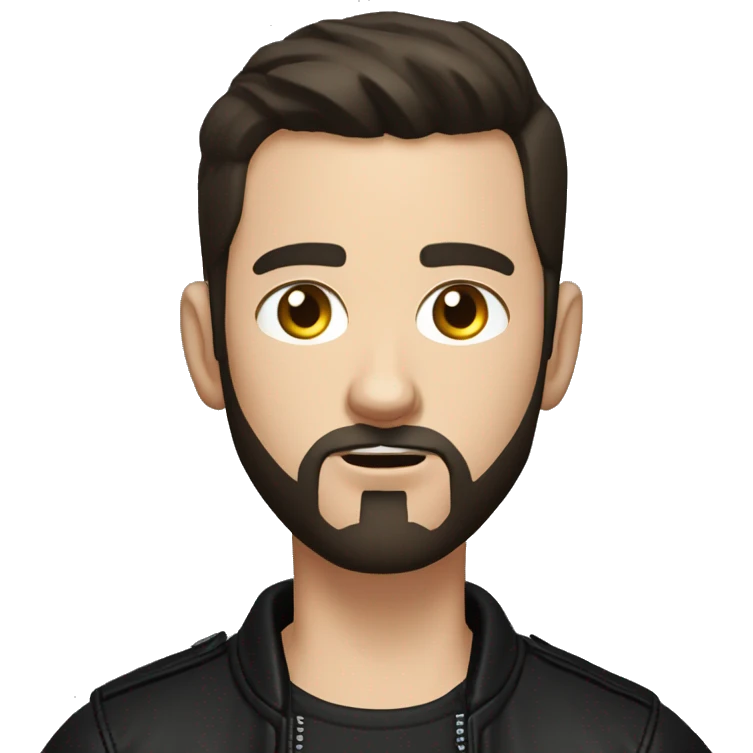 young white man with very short dark brown hair and beard,buzzcut,  cool outfit, black leather jacket and black shirt underneath, angry eyes emoji