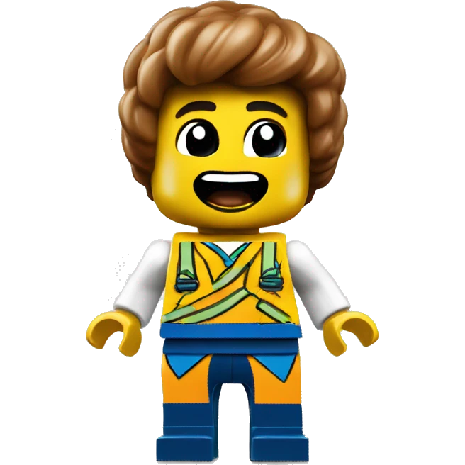 An excited LEGO Minifigure with hands on hips and glowing  emoji