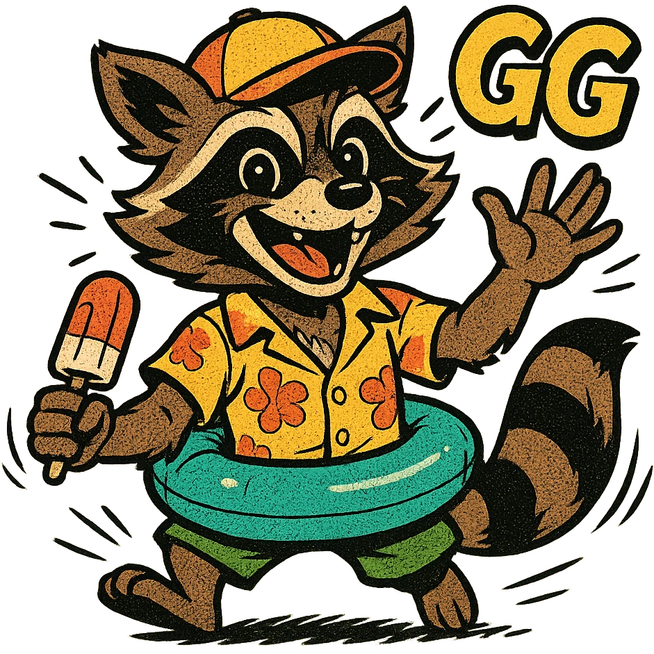 Rocket Raccoon Marvel Rivals summer skin, comic book style, happy face, with text 'GG' emoji