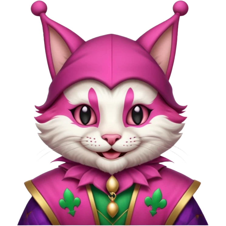 court jester cat medieval, single poker card joker clearly visible, pink, face only emoji