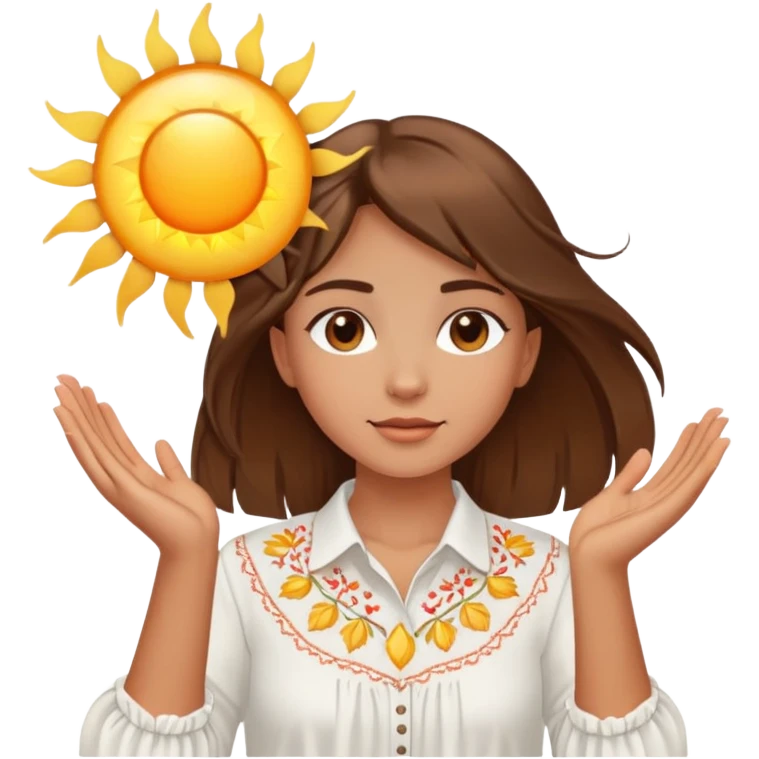 A young Ukrainian girl with brown hair wearing a white embroidered shirt holds the sun in her hands emoji