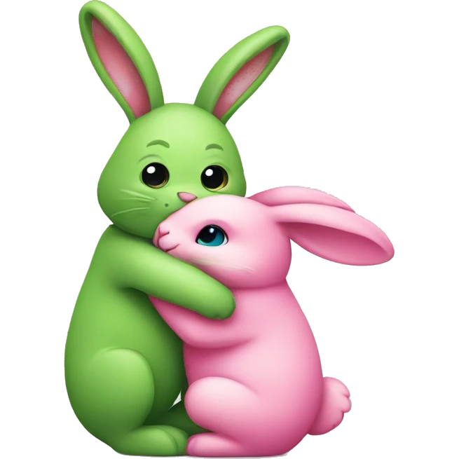 Green bunny hugging pink bunny emoji