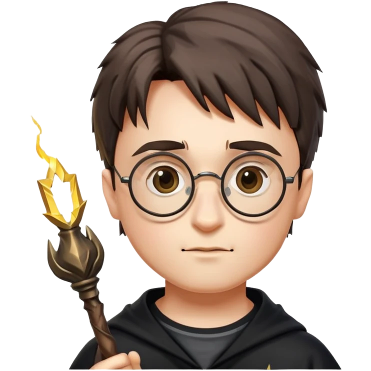 Harry Potter with round glasses, lightning scar, and wand emoji
