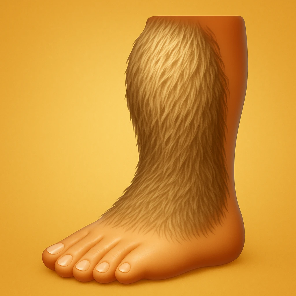 Create an emoji that looks exactly like the reference image in iOS emoji style. The emoji should have 3D appearance, shiny surface, smooth gradients, soft shadows, and a realistic hairy leg and foot with a classic emoji look. Add a glossy effect to the skin. emoji