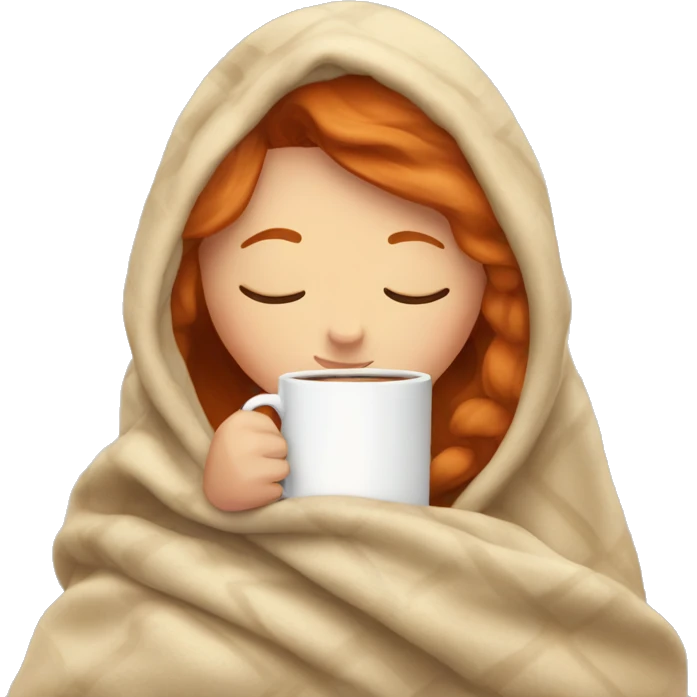 girl with Ginger hair inside a blanket sipping coffee eyes closed emoji