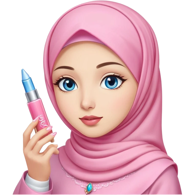 Turkish beautiful finish Konya girl blue eyes with light sakura and pink hijab islamic dress and had on her hand kiko lipgloss and she wearing the lipgloss emoji