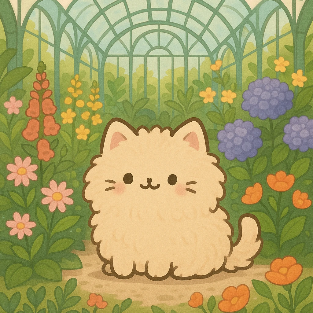 pusheen-style fluffy blonde kitten in a botanical garden greenhouse filled with flowers emoji