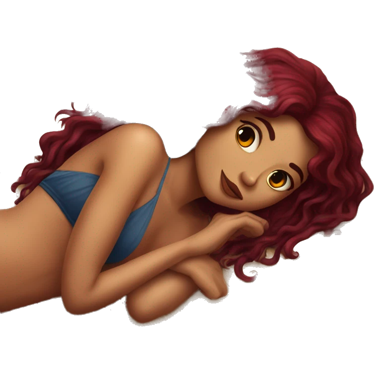 Beautiful tattooed burgundy long haired woman laying on the beach emoji