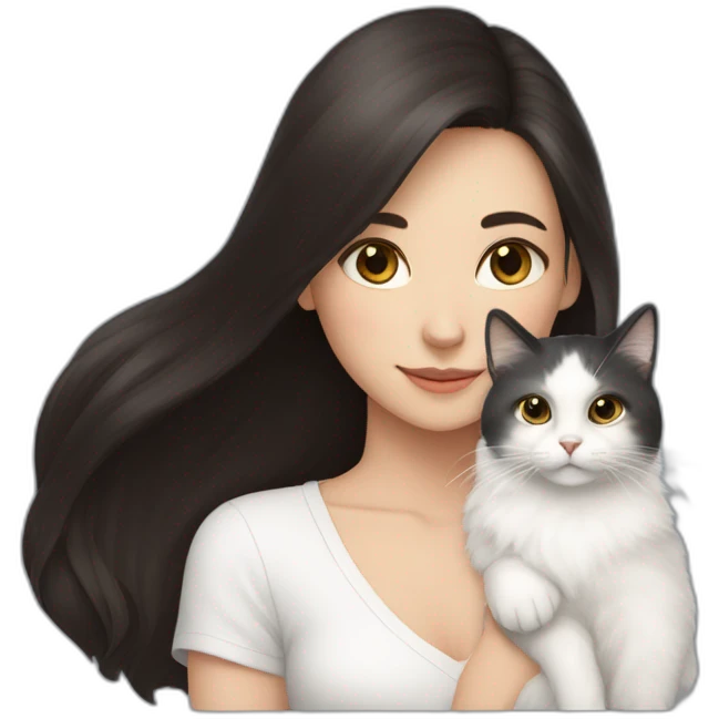 A girl with long dark hair and a white fluffy cat is lying on her right shoulder emoji