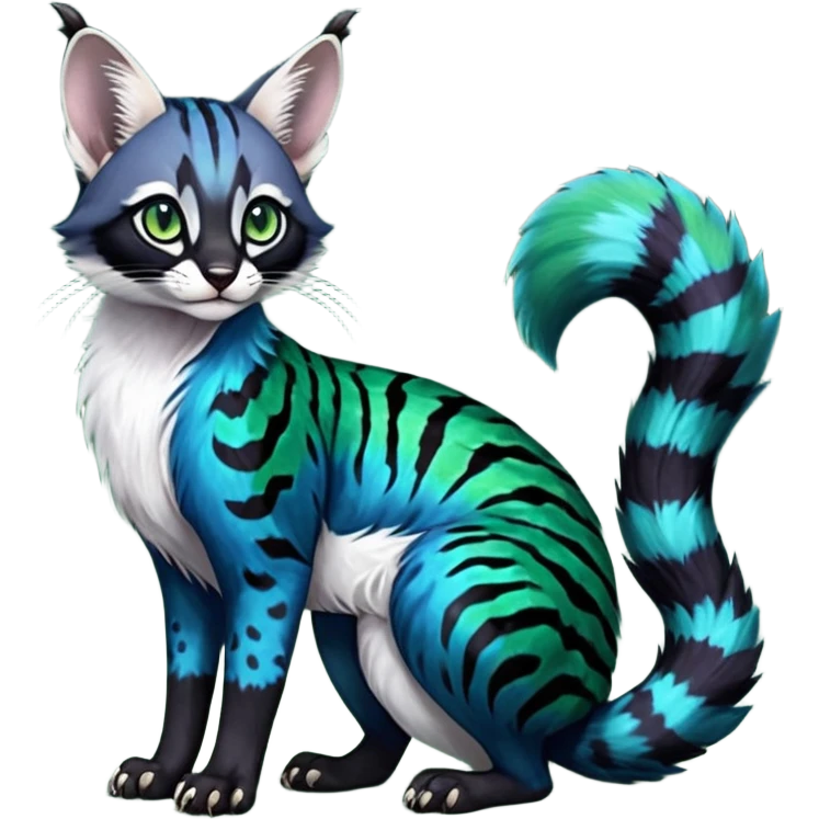 Colorful dark tropical cobalt-blue, black, white fur, with green eyes, iridescent glorious divine exotic cute cool beautiful shiny beautiful fantasy-caracal-civet-genet-sergal-vernid-Cacomistle-Furret-civet-oncilla-animal-Fakémon-hybrid-fursona with pattern markings (full body) emoji