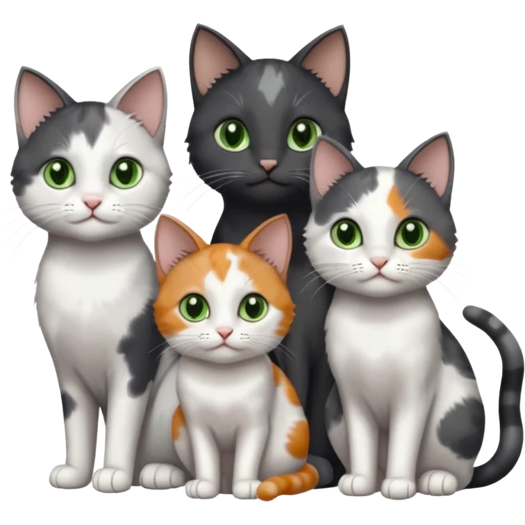 3 different coloured small cats including a dark grey and white, and a patchy calico with hazel eyes and a completely solid dark grey with green eyes and only white paws emoji