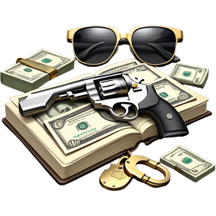 Icon for Action & Crime Reading: an open book, a revolver, handcuffs, a stack of cash. Surrounding elements include a dark alley, a police badge, and a pair of sunglasses. The icon should evoke tension, suspense, and action. Transparent background. emoji