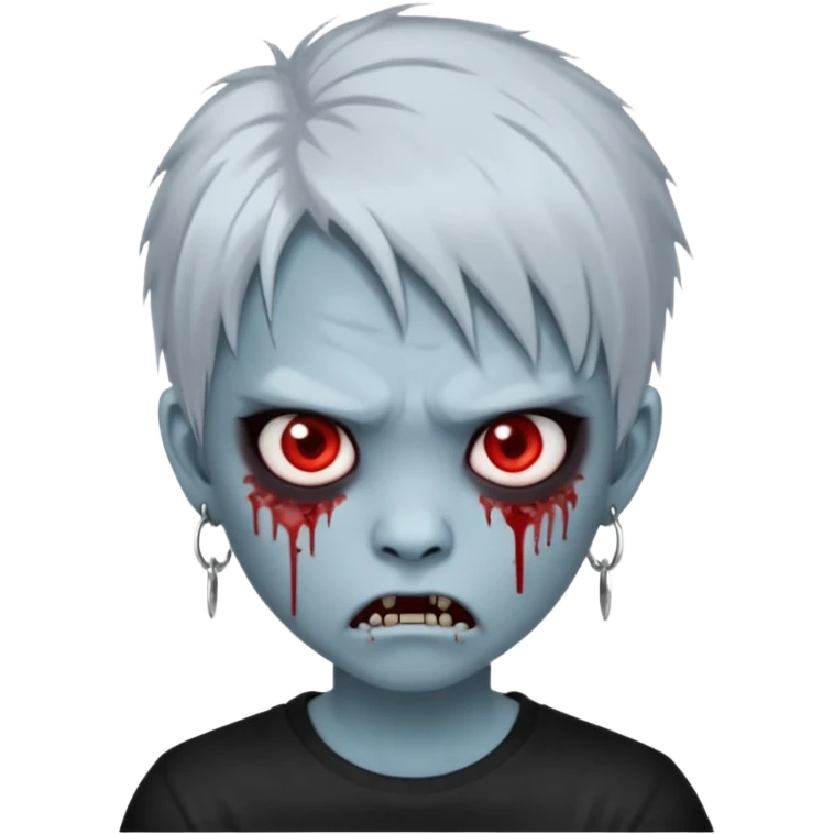  3D emoji-style avatar with very pale blue-grey zombie skin , a young Asian face, and large eyes with blood tears. Give it white litle bit messy mullet hair style , silver hoop earrings, and a plain black T-shirt. The face expression should be slightly angry, with vampire fang emoji