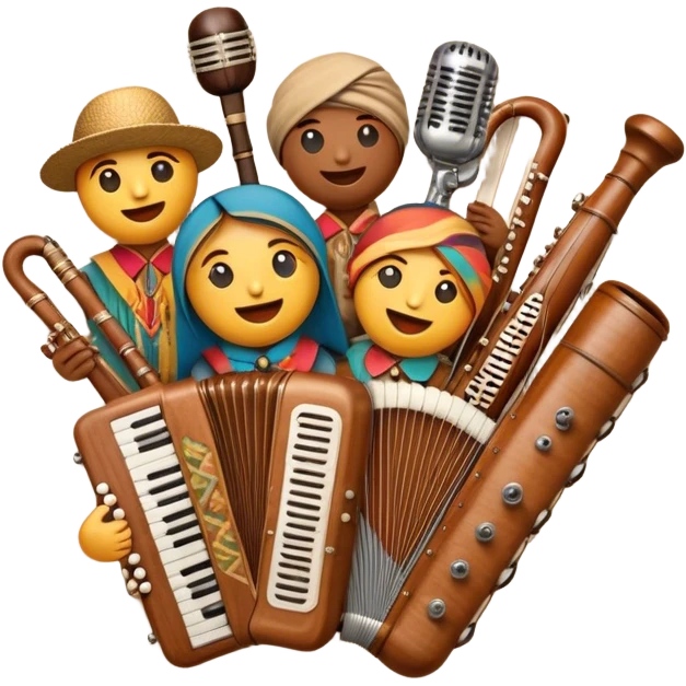 Create a colorful and cultural humanless emoji representing folk singing. The design should feature a collage of traditional folk instruments, such as a wooden flute (dudka), a button accordion (harmon), a set of gusli, and a tambourine (buben), all arranged in a harmonious, flowing design around a vintage microphone. The instruments should have earthy, natural tones like wood browns, brass accents, and vibrant colors reflecting their folk origins. Add subtle musical notes to tie the elements together, symbolizing the power of folk music. The background should be transparent. emoji