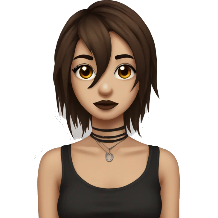 emo girl with brown choppy hair, brown eyes , septum piercing, eyebrow piercing  emoji