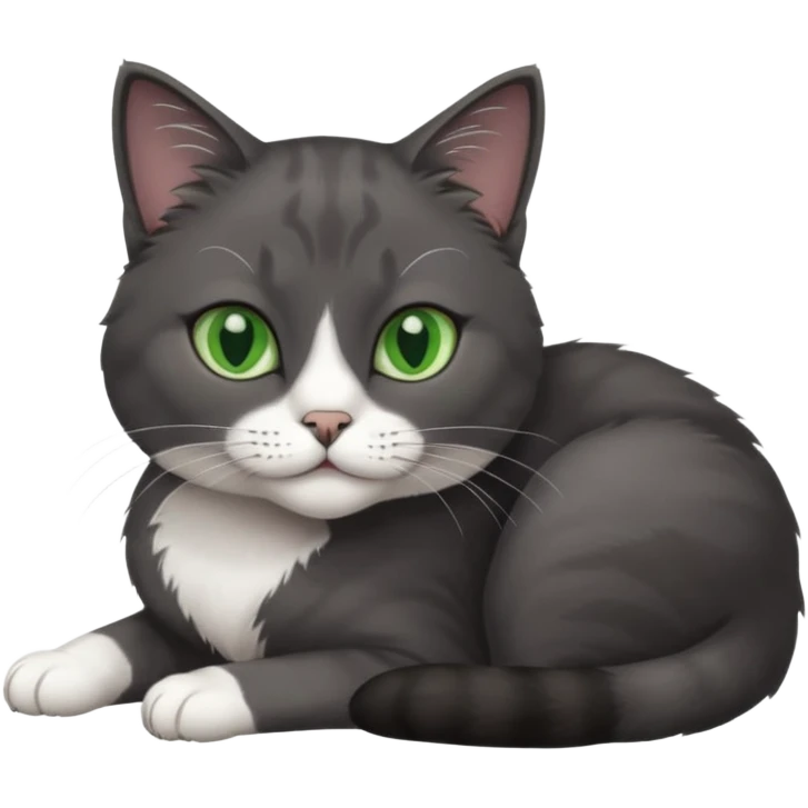 beautiful female solid dark grey cat with green eyes, white toes/paws and white patch on her chest lying down emoji