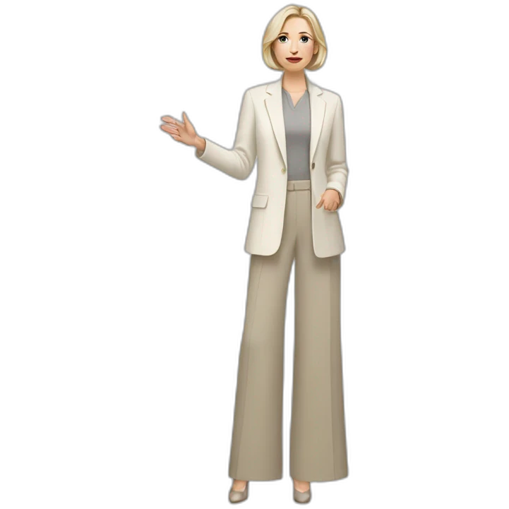 Full height Actively gesturing with hands pale skin woman with ash blonde Straightened bob Hair, White Spacious classical jacket, beige palazzo Arrow pants and gray blouse emoji